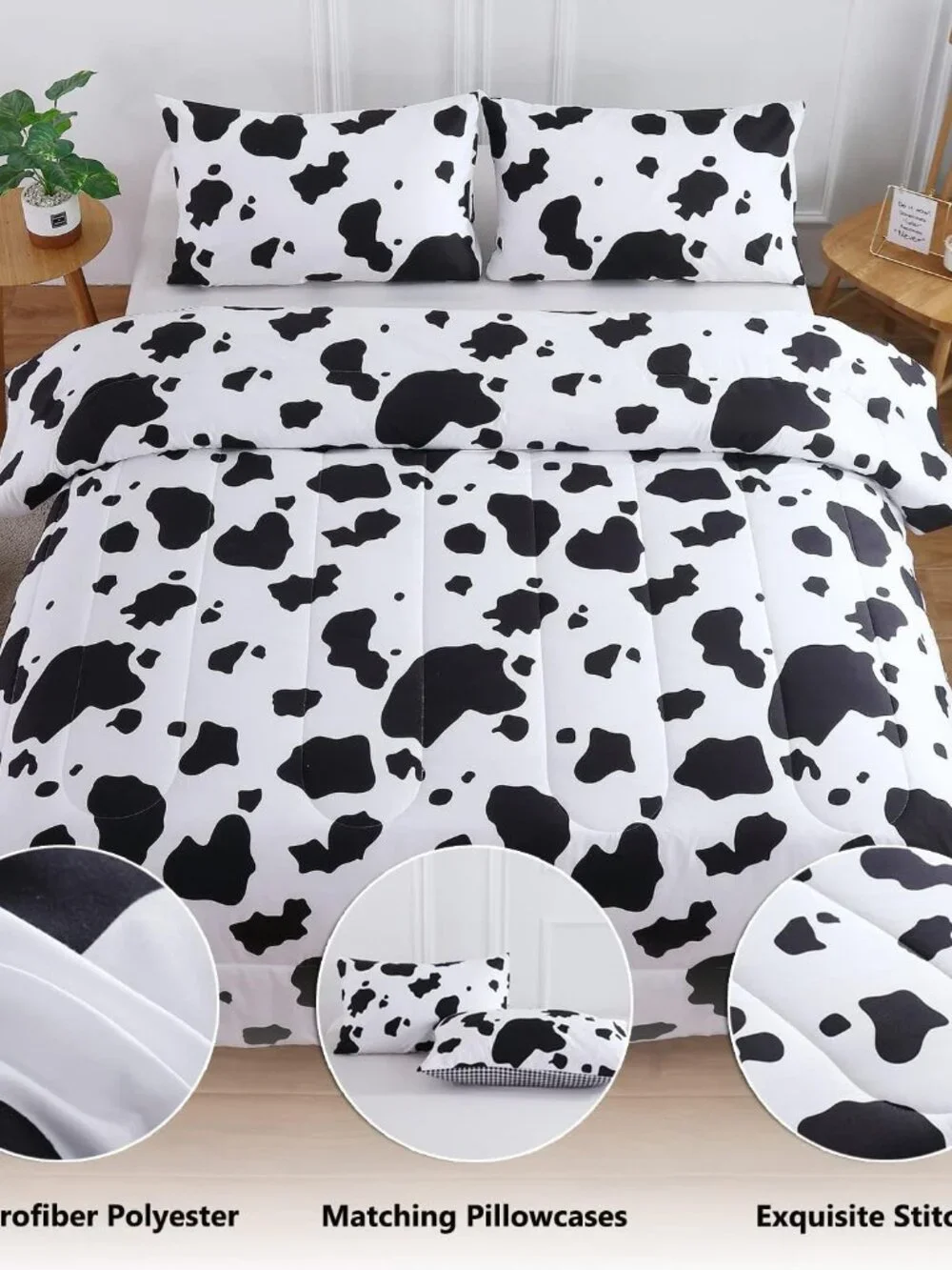 3Pcs Cow Print Comforter Set King Size Black and White Cute Geometric Cow Beddin